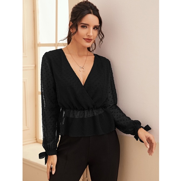 Surplice V-Neck Swiss Dot Black Sheer Blouse - Picture 5 of 7